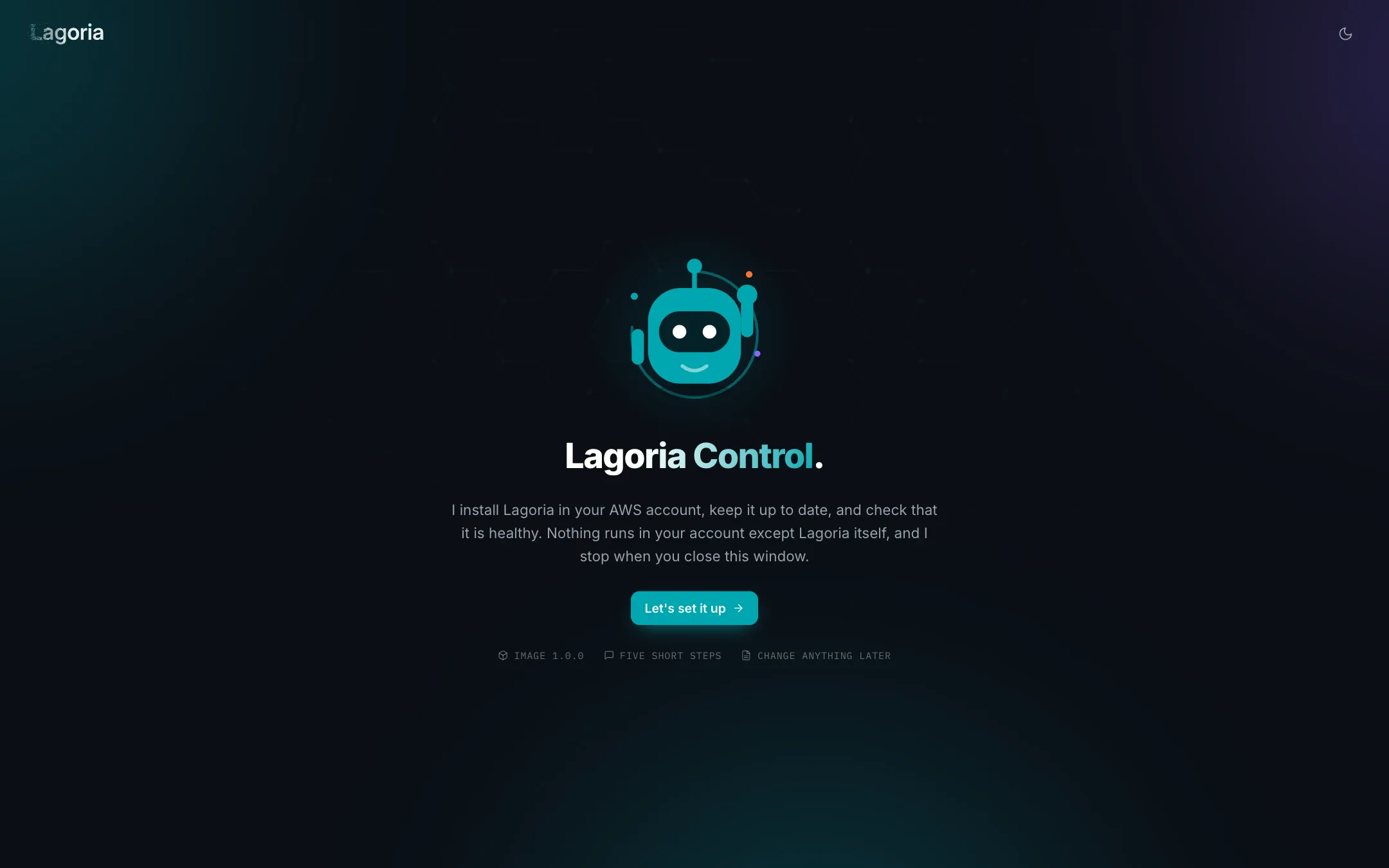 Lagoria Control welcome screen with the image version and a Let's set it up button