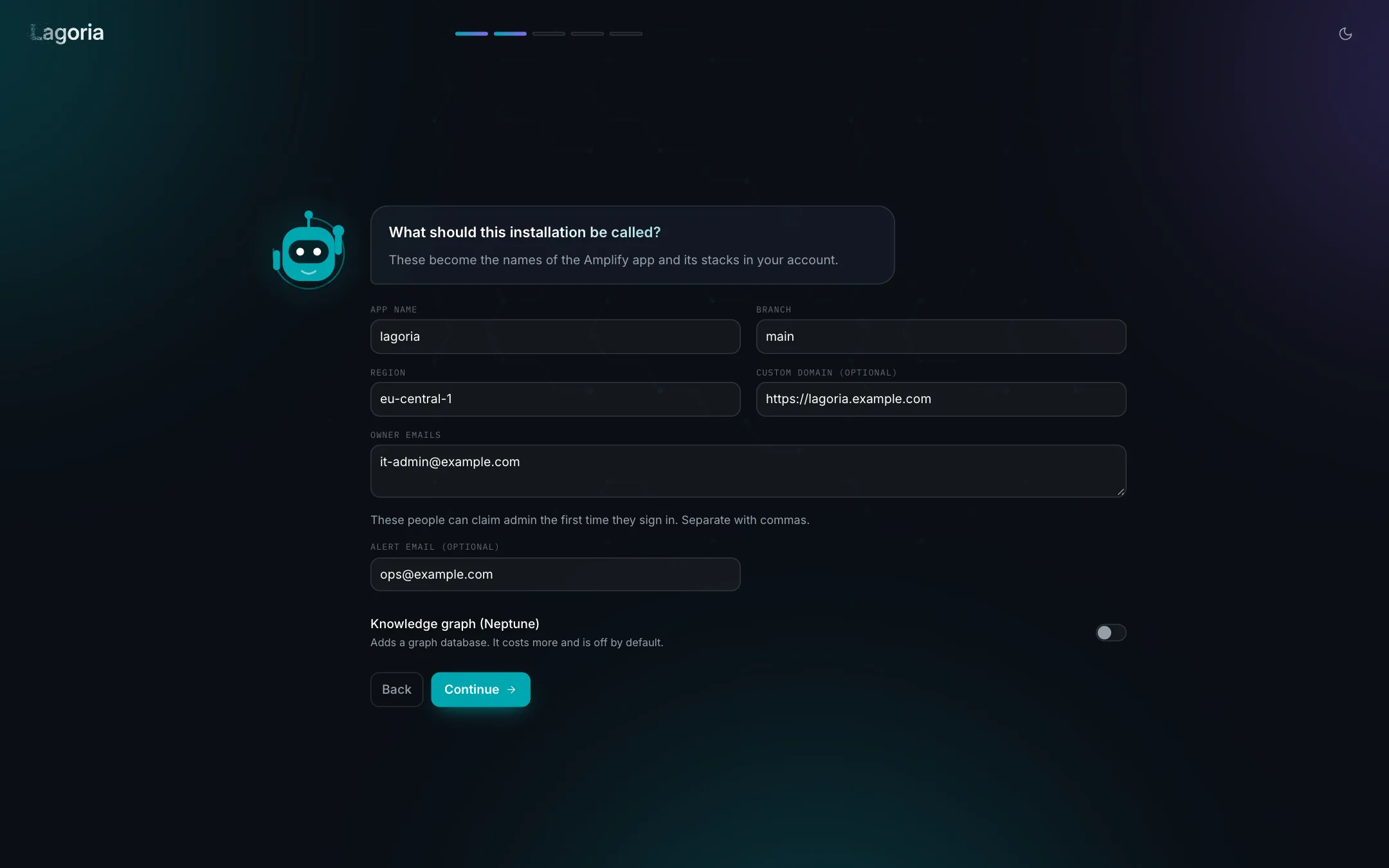 Environment step with app name, branch, region, custom domain, owner and alert emails, and graph options