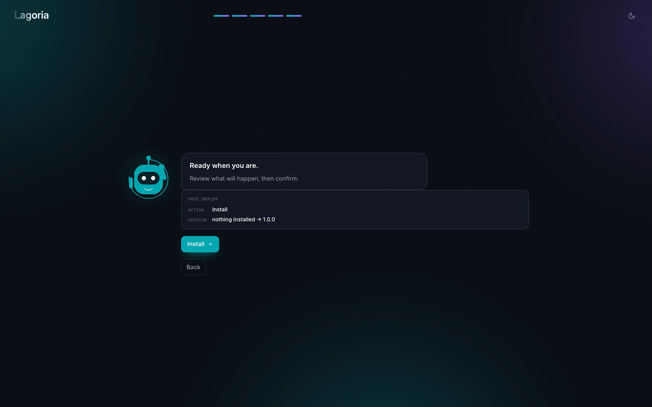 The deploy plan: install, to version 1.0.0, with an Install button