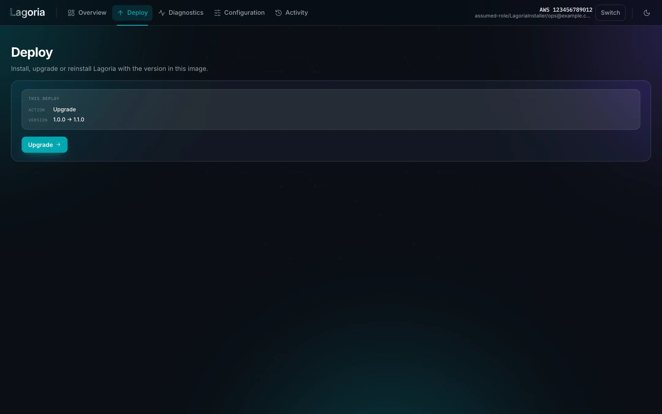 Deploy page with the plan Upgrade from 1.0.0 to 1.1.0