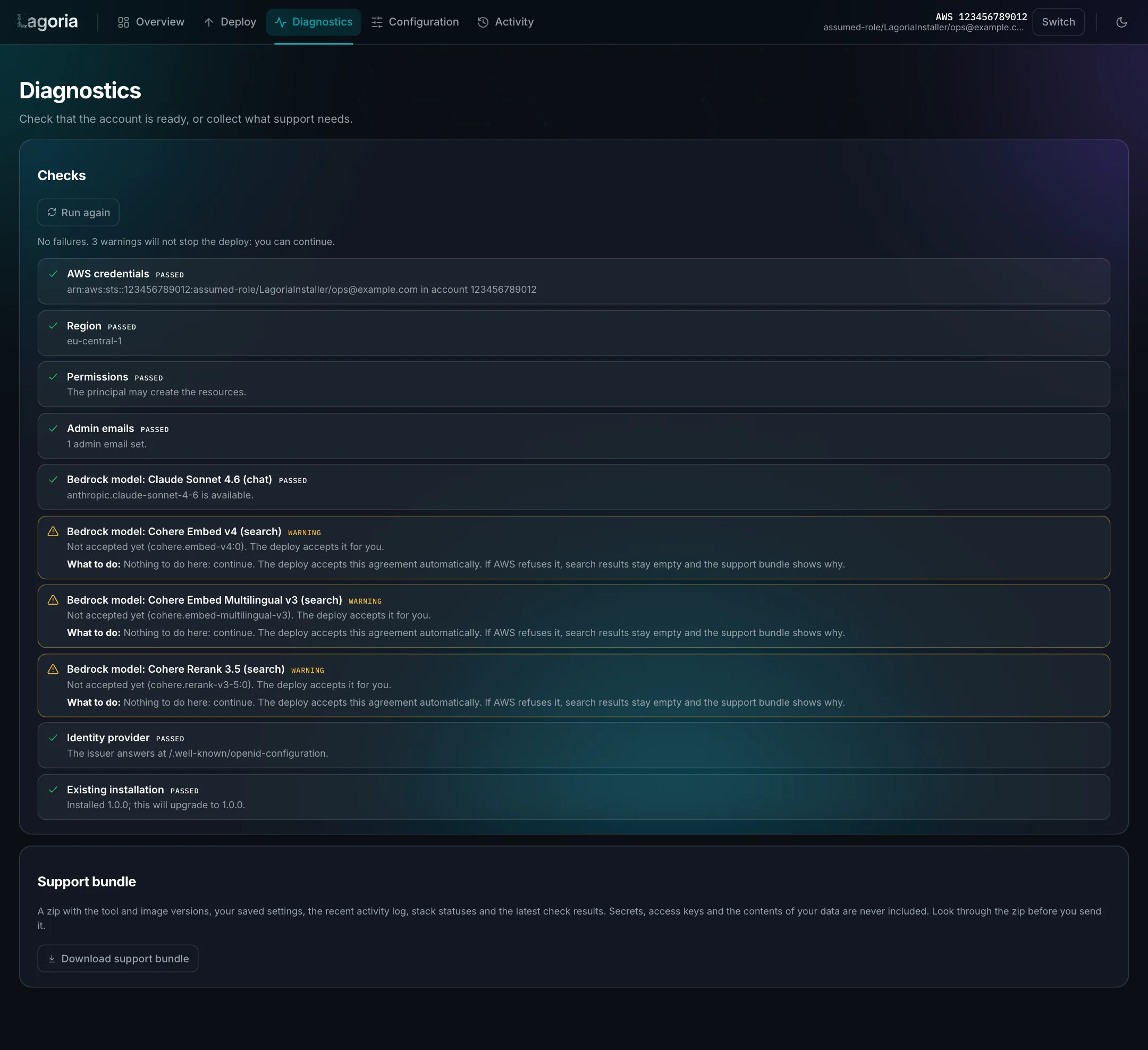 Diagnostics page with the check results and a Download support bundle button