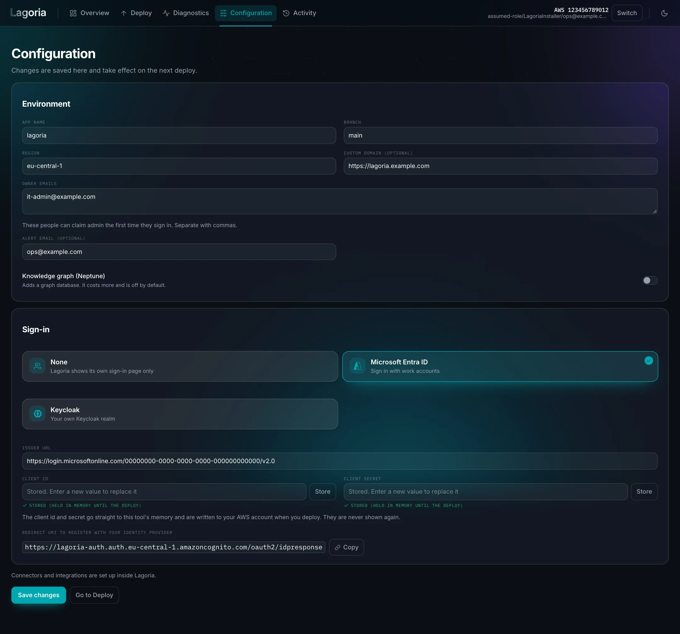 Configuration page with environment and sign-in settings and the redirect URI